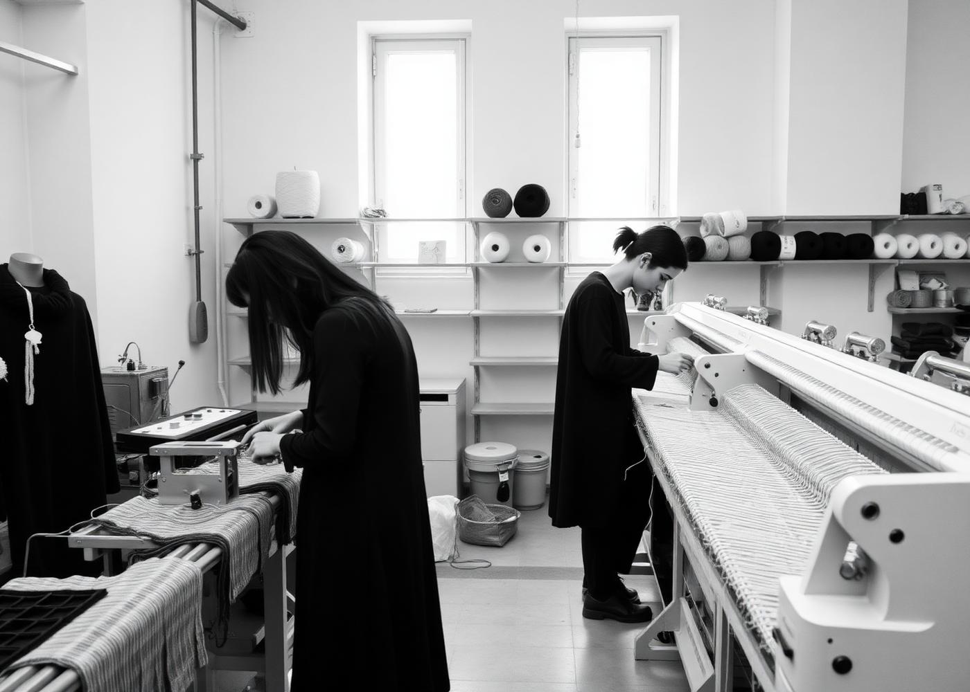 Knitwear atelier in Milan with knitting machines and yarn cones