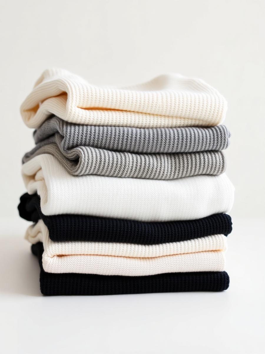 Stack of folded luxury knitwear in cream, grey and black