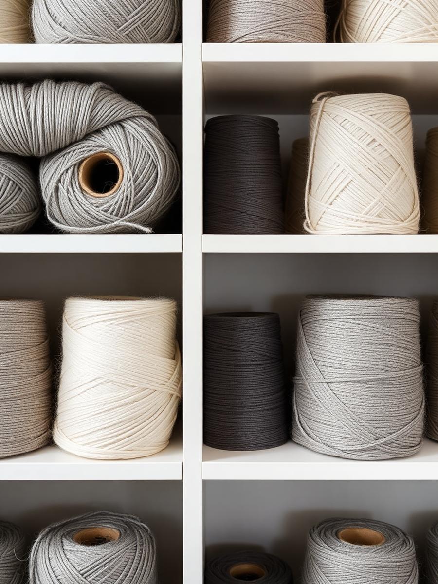 Cones of grey and ivory yarn on white shelves
