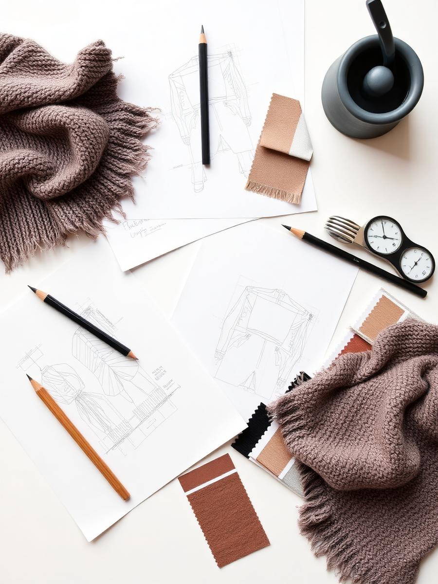 Knitwear sketches and swatches on a desk