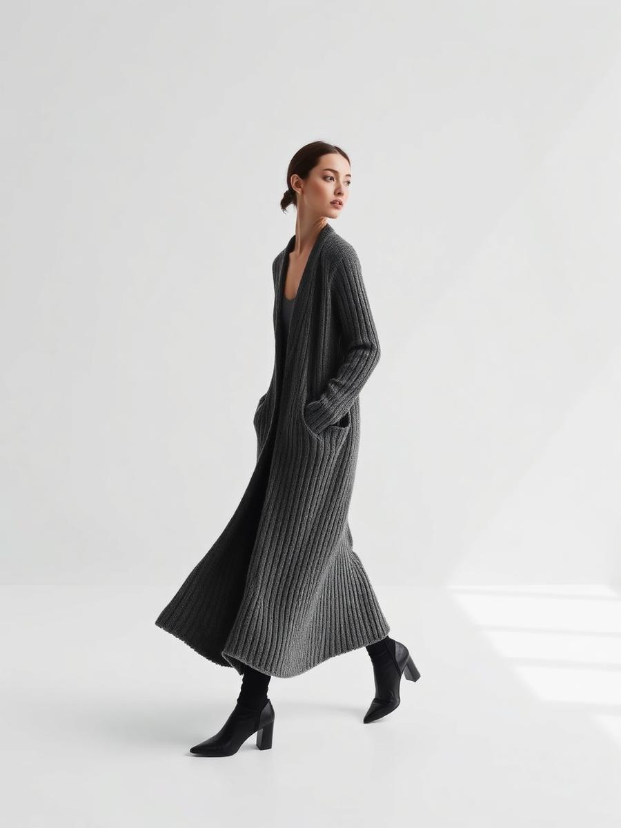 Model in a long ribbed grey knit cardigan